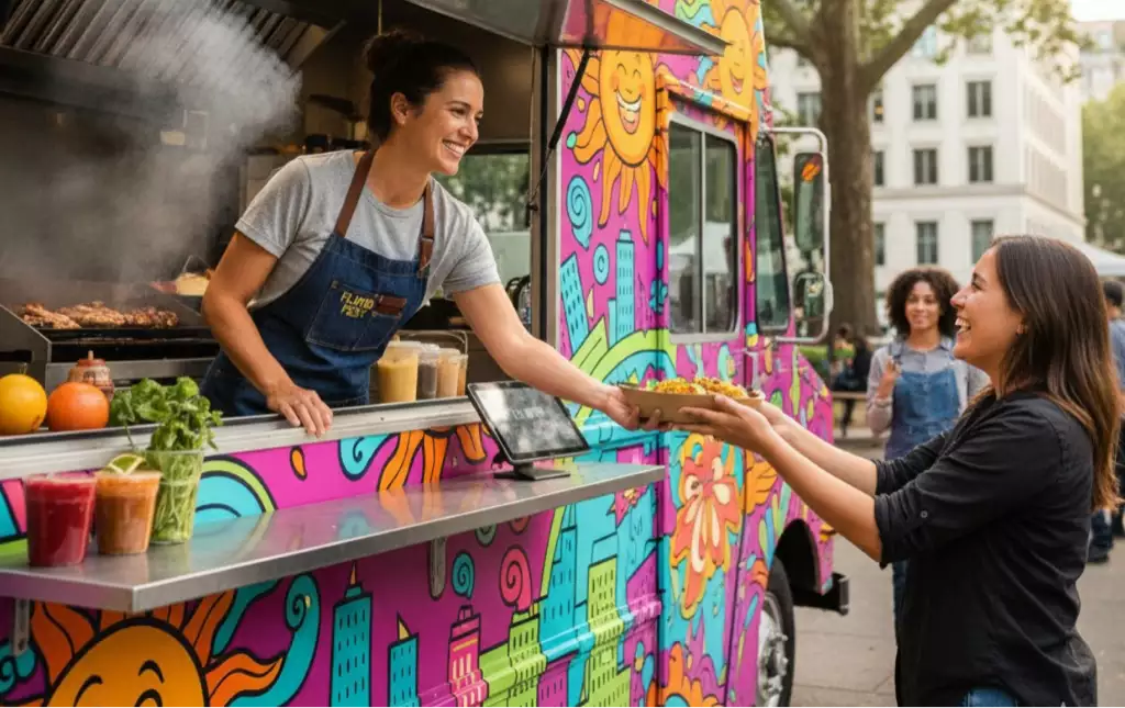 Food truck owner serving customers at a busy city park