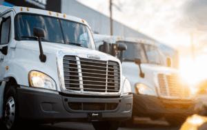 Box trucks lined up at a logistics hub ready for delivery routes.