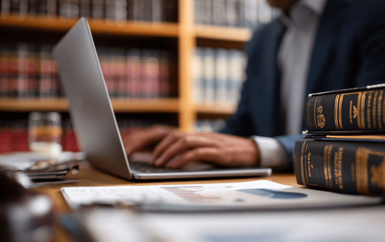 Lawyer reviewing business loan paperwork at a desk with financial charts open on a laptop
