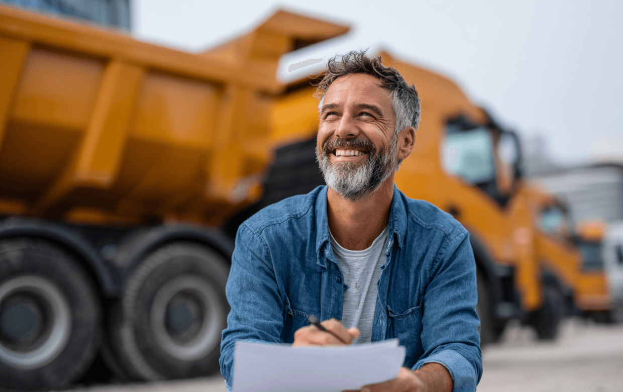 business owner shaking hands with a lender beside a new dump truck
