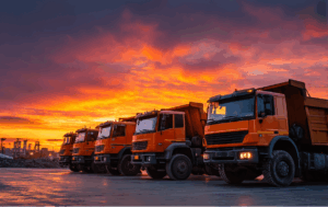 Dump truck fleet lined up at a construction yard