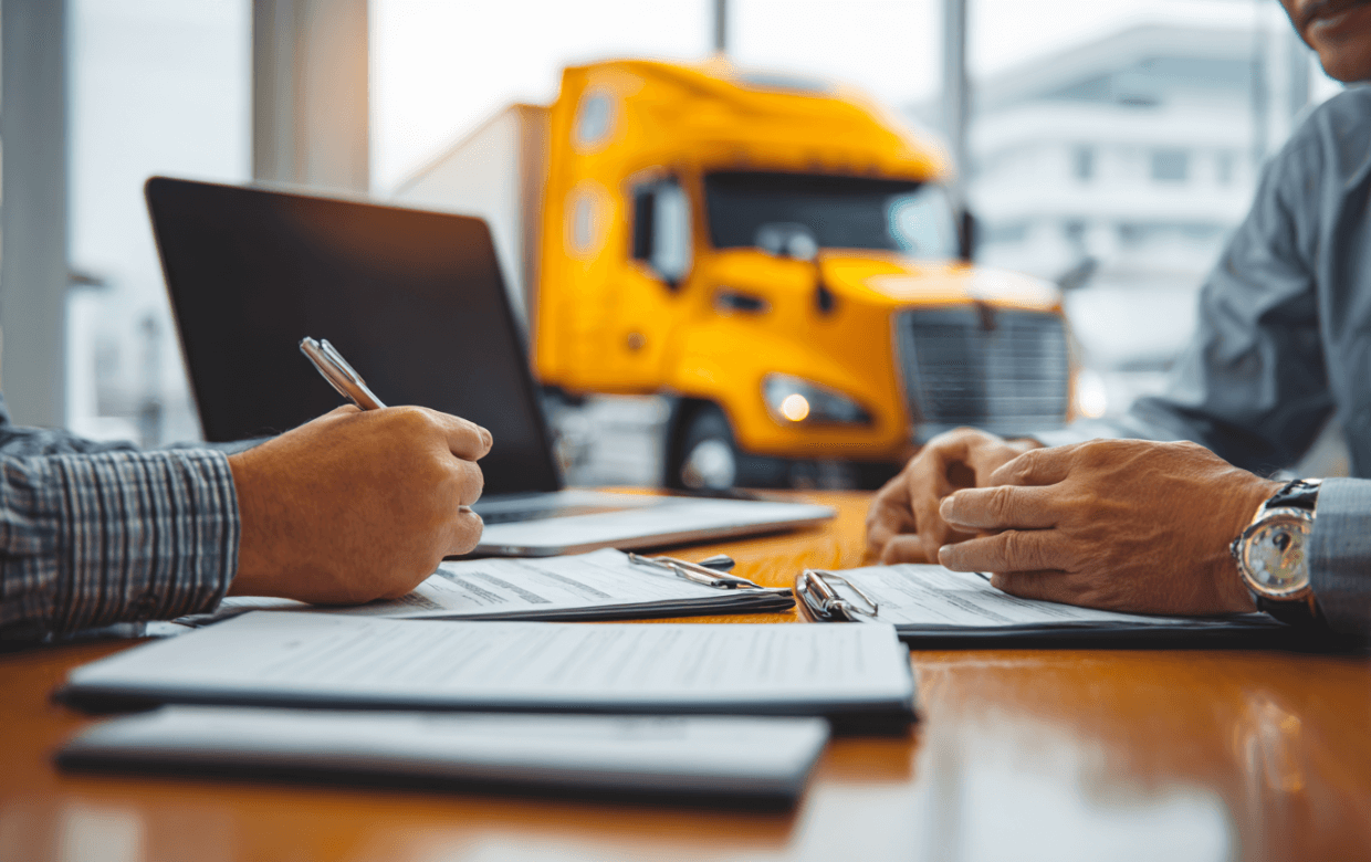 fleet manager reviewing a dump truck lease agreement with a financing advisor
