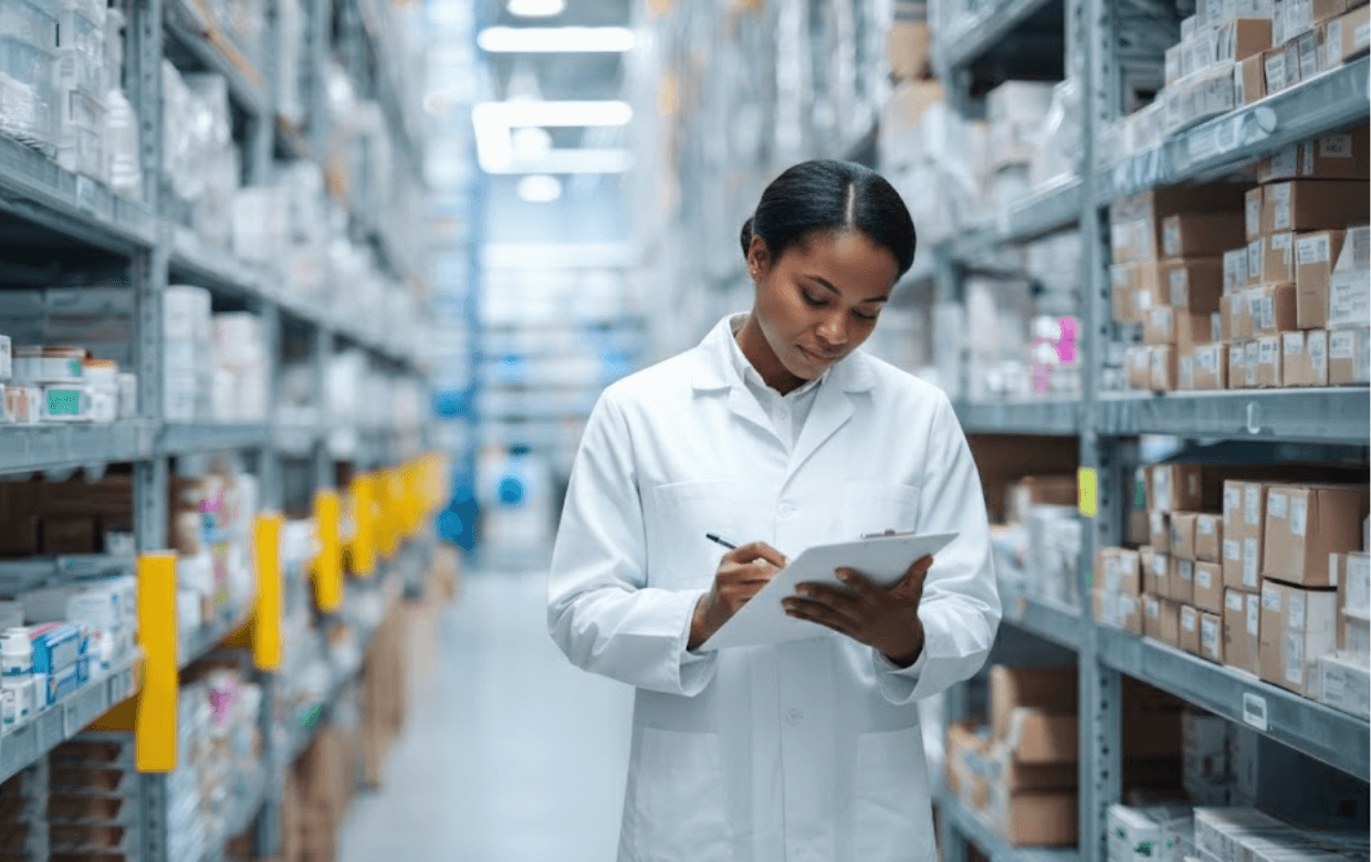 female pharmacist checking inventory on a clipboard in a well-organized pharmacy warehouse filled with medicine boxes and shelves.