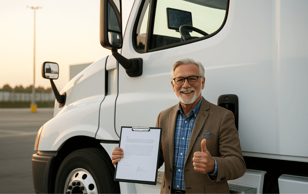 business owner smiling beside a newly financed box truck.