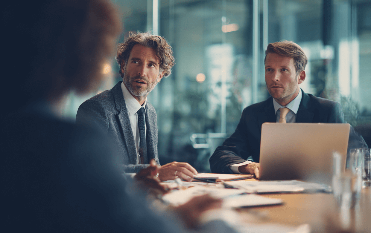 law firm partners meeting with a funding advisor over financing options