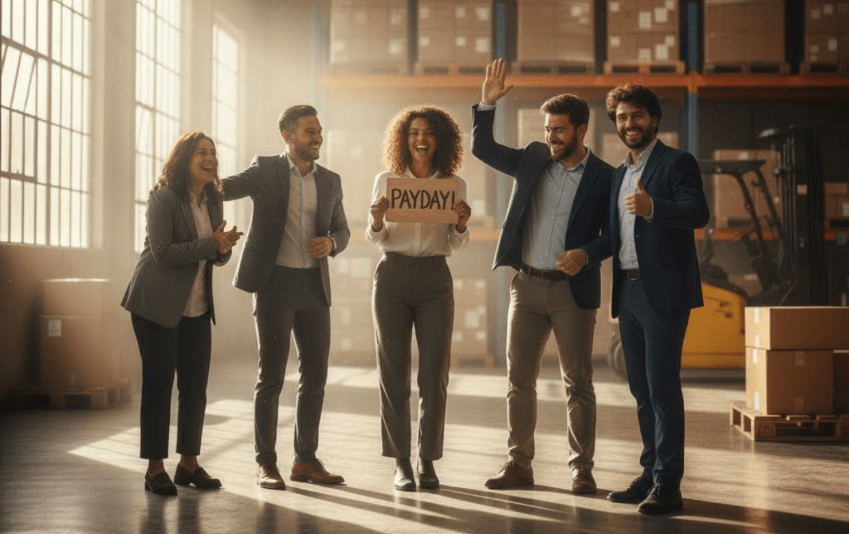 employees celebrating after timely payroll supported by a working capital loan.