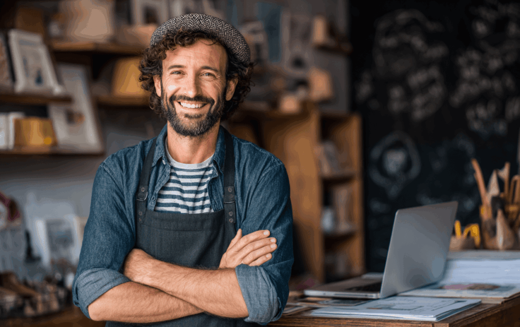 small business owner smiling after securing flexible funding instead of an ach loan.
