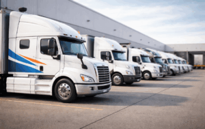 Modern commercial trucks lined up at distribution center representing fleet financing opportunities