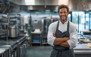 Restaurant owner standing in a modern commercial kitchen after equipment upgrade financed for spring season