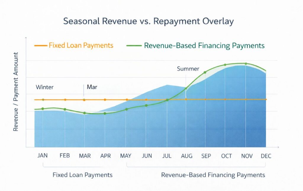 Revenue Based Financing Seasonal Cash Flow Chart chart showing revenue-based financing payments adjusting with seasonal business revenue