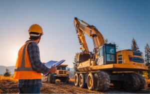 Construction equipment excavator and dump truck ready for spring 2026 season