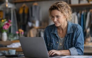 Retail store owner planning spring marketing campaign with digital advertising