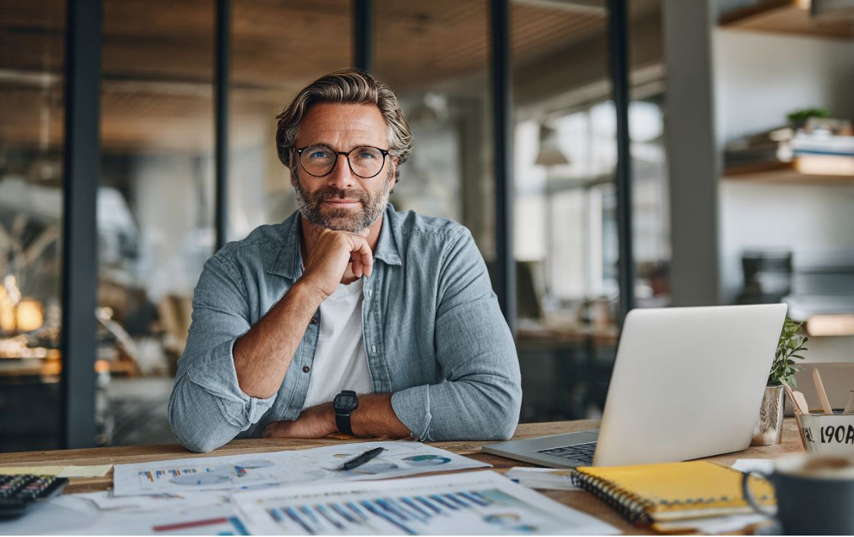 Business owner reviewing Q1 growth capital strategy with financial documents