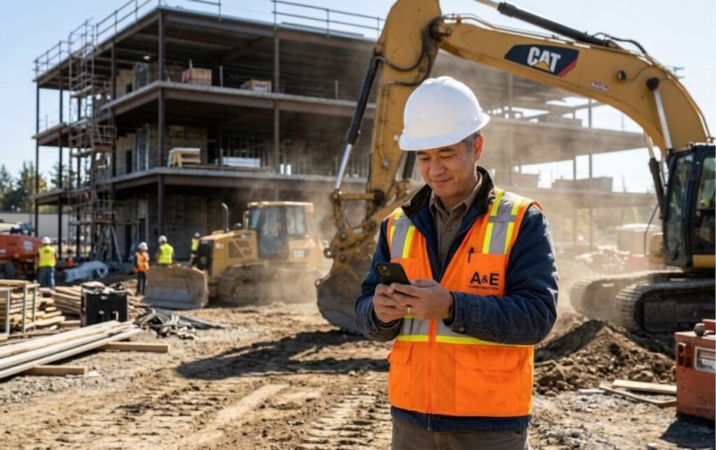 construction business owner receiving equipment financing approval at active job site
