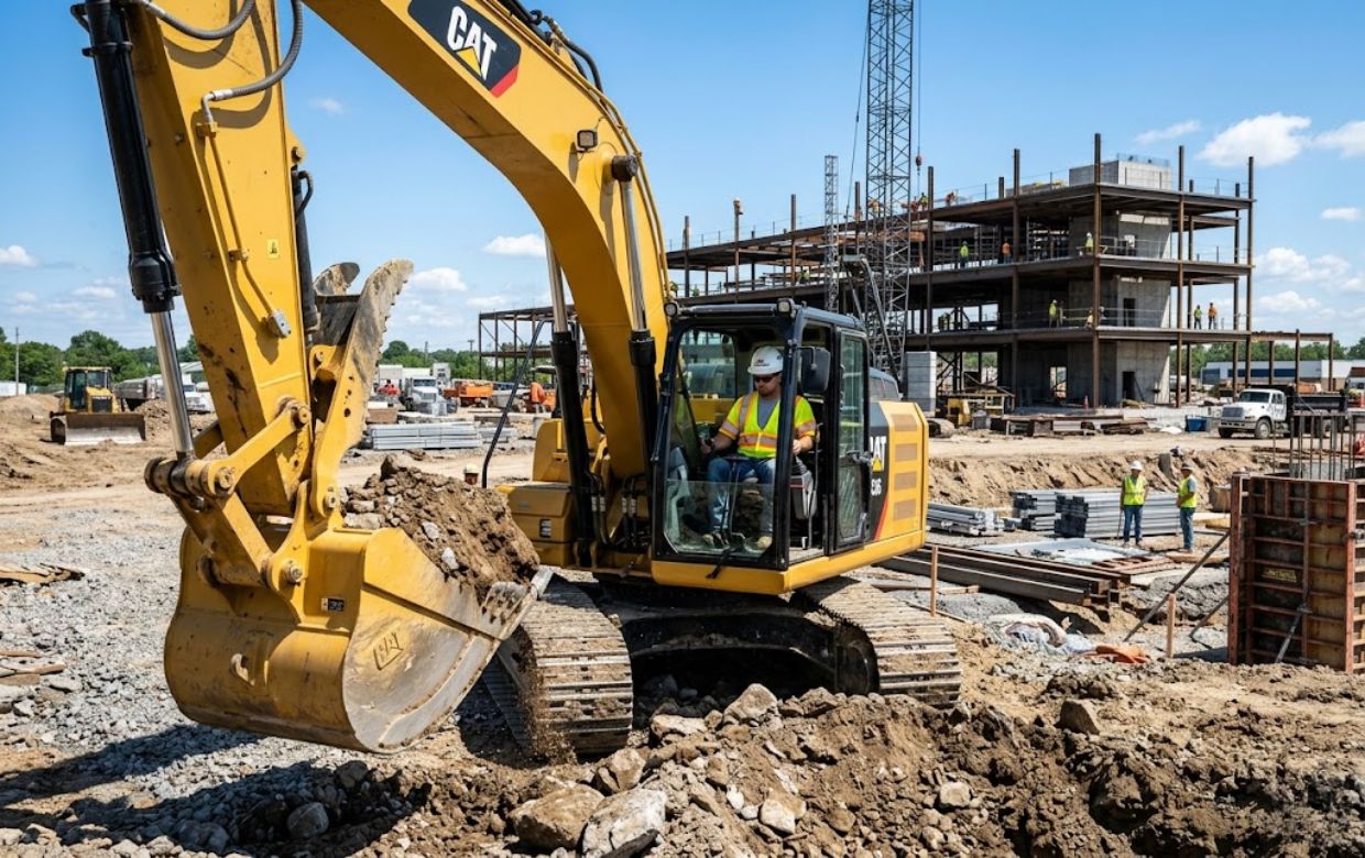 Construction contractor operating excavator on commercial building site with financing overlay
