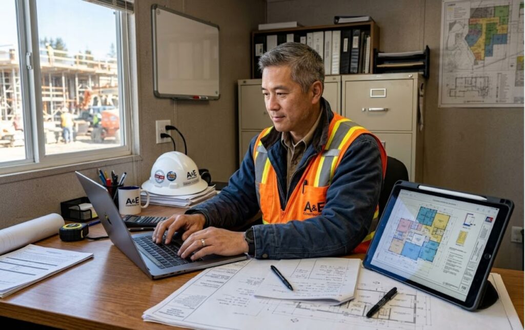 construction business owner applying for equipment financing on laptop in site office
