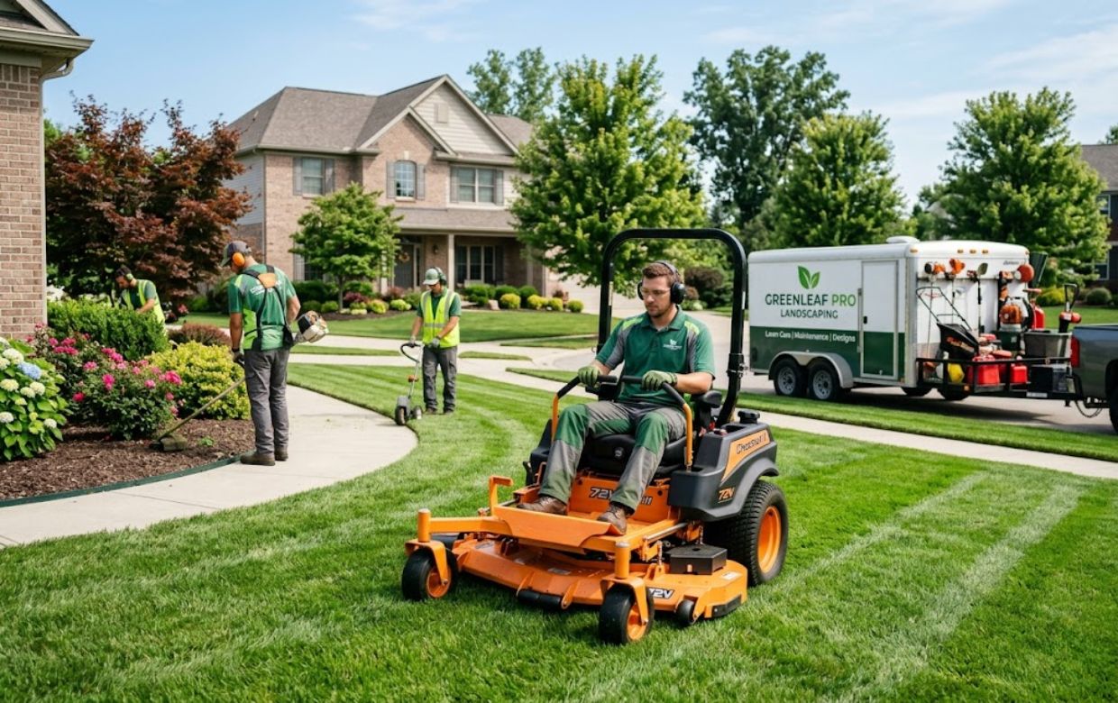 Landscaping business crew using commercial mowers and professional equipment on lawn care job site
