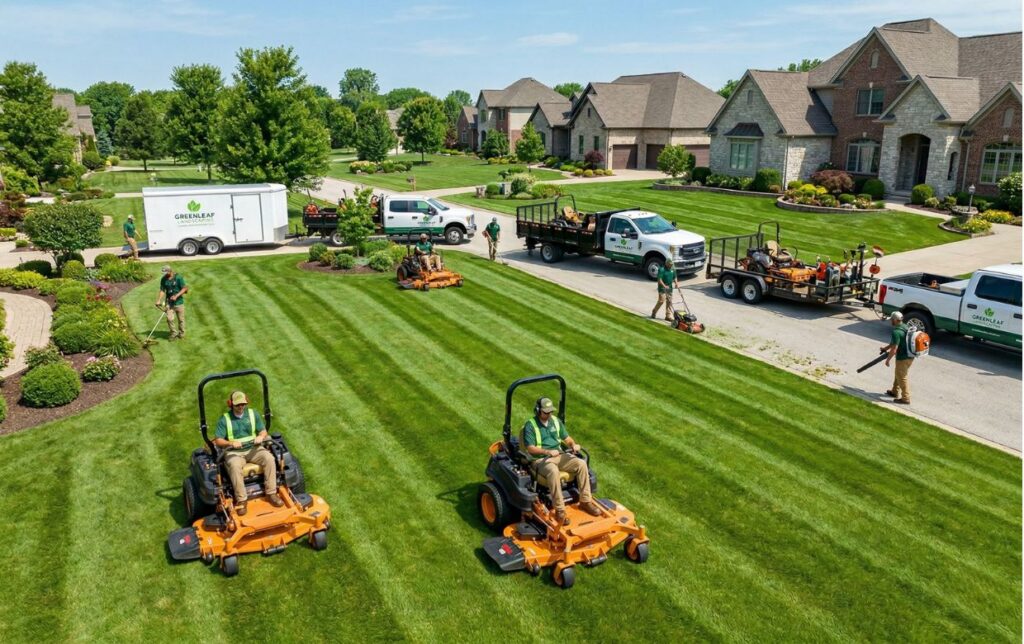Landscaping Peak Season Multiple Crews multiple landscaping crews operating commercial equipment efficiently during peak season lawn care service