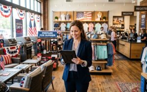 Retail business owner managing Memorial Day inventory with modern point-of-sale system in organized store
