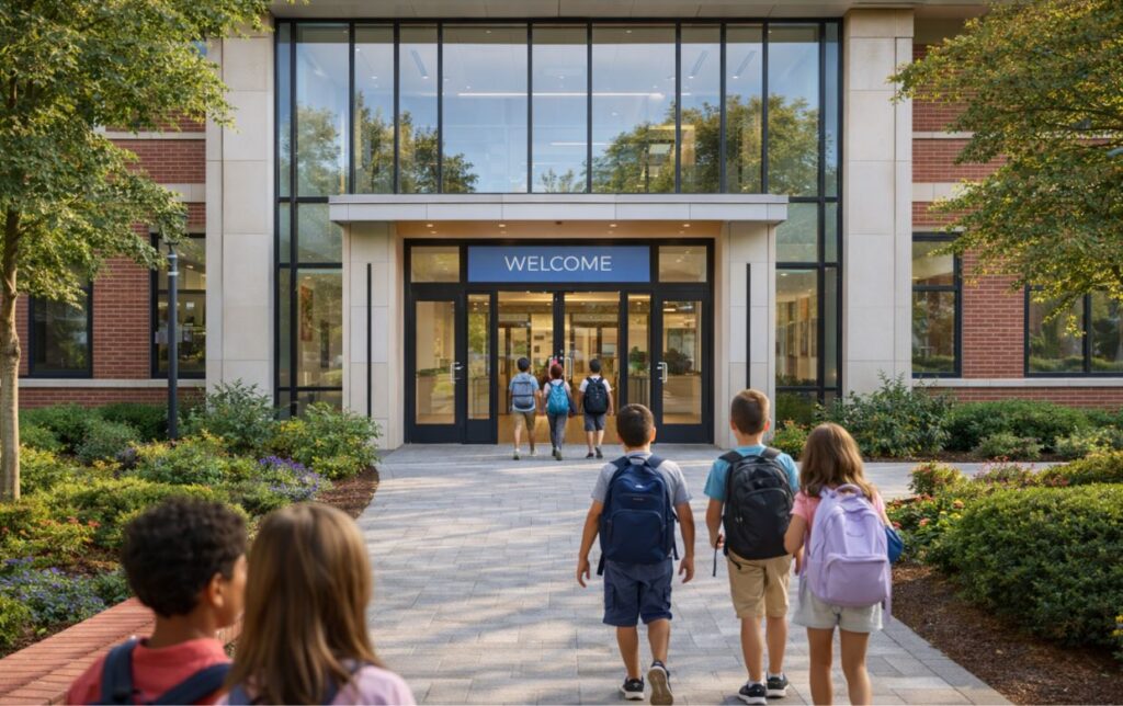 modern private school exterior showing renovated facilities and updated entrance funded through school financing