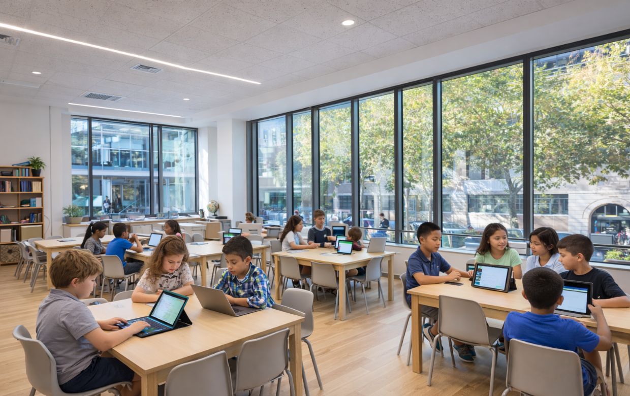 Modern private school classroom with students using technology, representing funded educational improvements