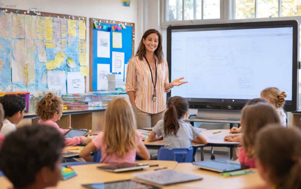 private school teacher demonstrating new educational technology equipment to engaged students