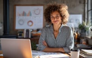 Small business owner reviewing revenue-based financing terms on laptop with growth charts