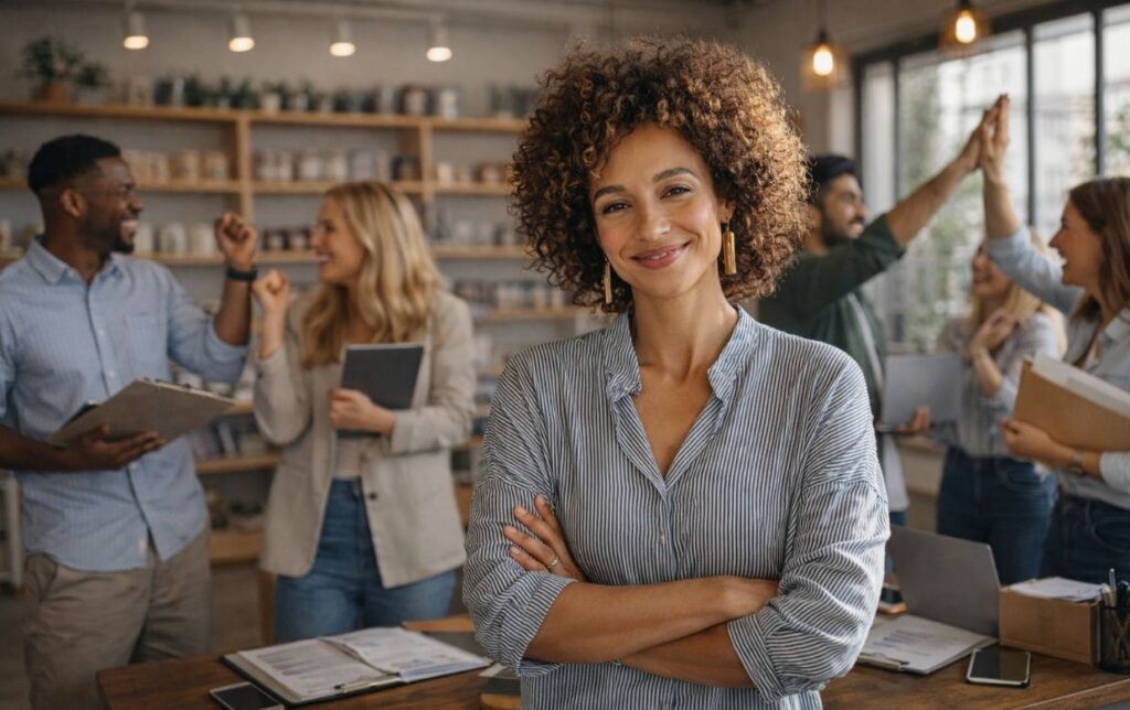 successful small business owner celebrating growth with team after securing revenue-based financing
