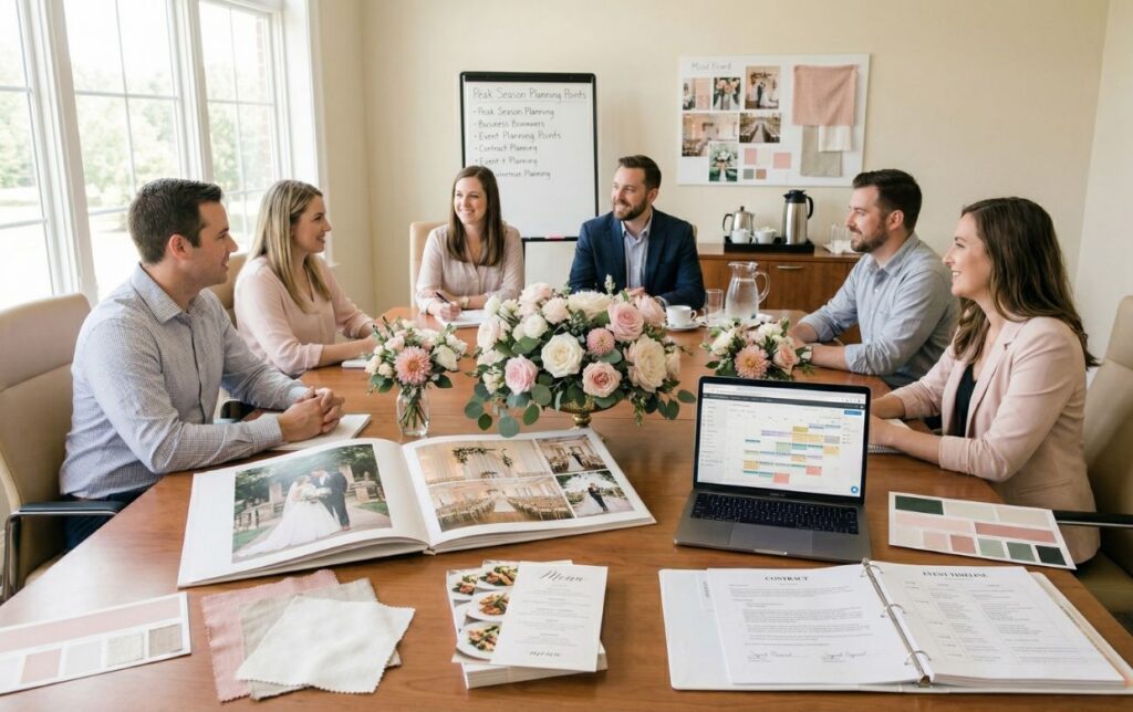 wedding vendor team reviewing contracts, floral samples, and catering menus for summer season bookings