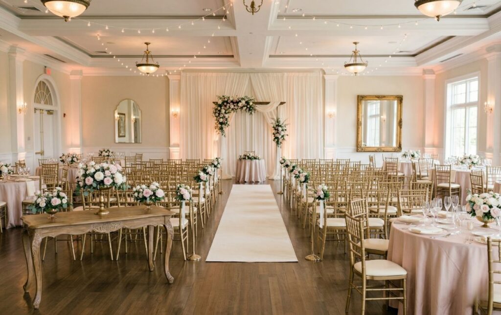 wedding venue showing ceremony setup with floral arch, elegant seating arrangements, and professional event decor