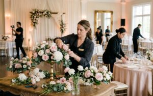 Wedding florist and caterer preparing floral centerpieces and elegant table settings for summer wedding season