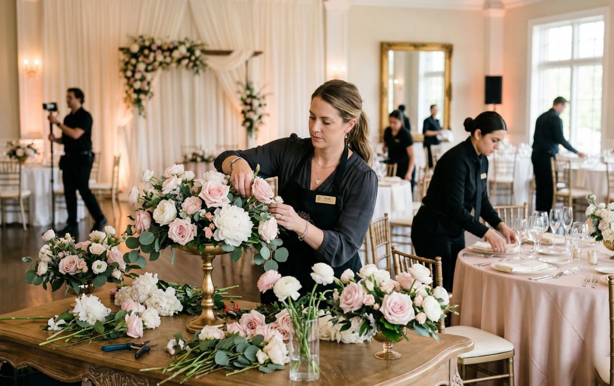 Wedding florist and caterer preparing floral centerpieces and elegant table settings for summer wedding season