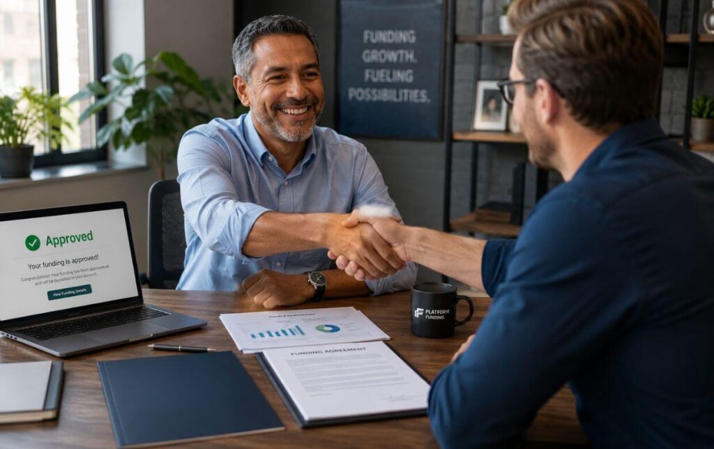 Business Funding Platform Funding Partnership Handshake business owner and funding specialist reviewing approved funding terms and shaking hands in modern office