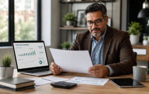 Business owner reviewing cash flow projections and financial planning documents at desk