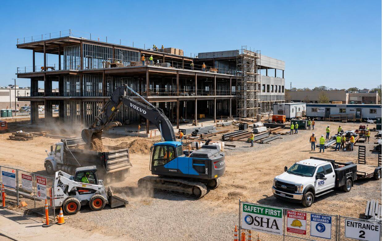 Construction job site with heavy equipment and workers showing established contractor business operations