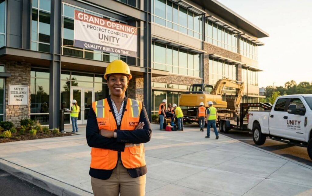 construction company owner at completed project showing successful contractor business growth and project completion