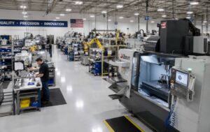 Modern manufacturing facility with CNC machines and automated production equipment on factory floor