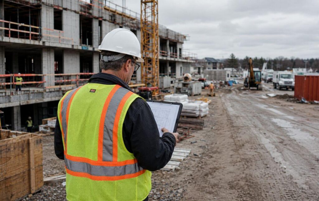 Construction Site Progress Inspection construction site inspector reviewing project progress for a draw schedule disbursement