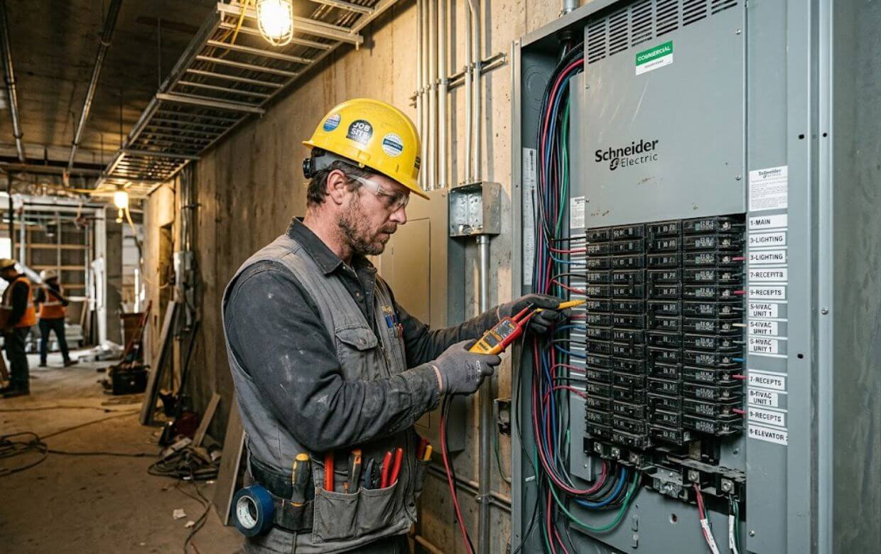 Electrical contractor working on a commercial electrical panel installation at a mid-rise construction site