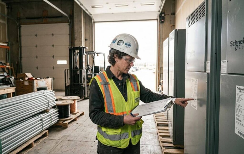 electrical contractor supervisor checking switchgear and conduit materials staged for delivery at a commercial jobsite loading bay