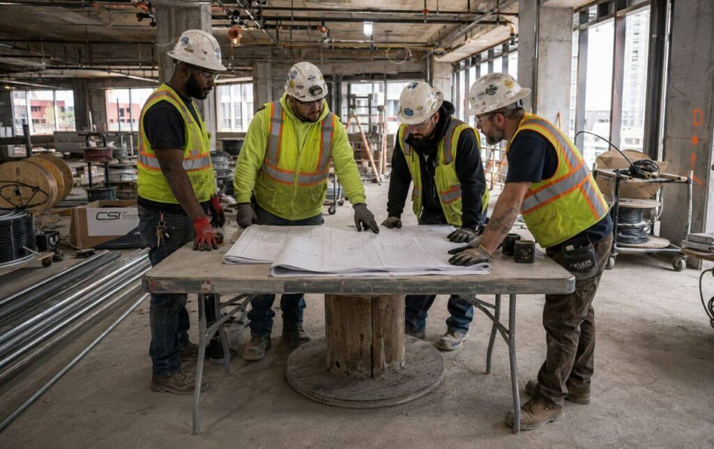 electrical contracting crew reviewing project plans at a commercial construction site before starting the day