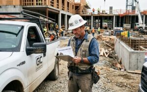 General contractor reviewing payroll documents on a construction jobsite