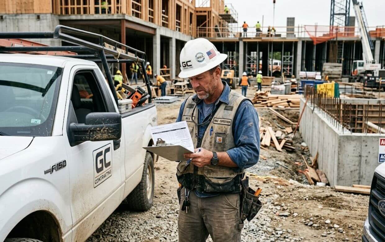 General contractor reviewing payroll documents on a construction jobsite