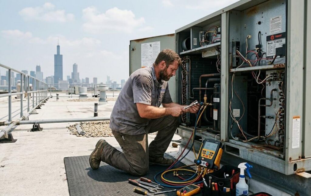 hvac contractor working on a commercial rooftop ac unit during an emergency service call 