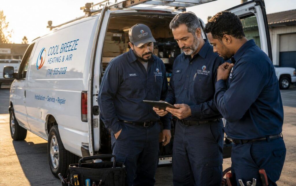 hvac crew reviewing the day's service schedule beside their work van at morning dispatch 
