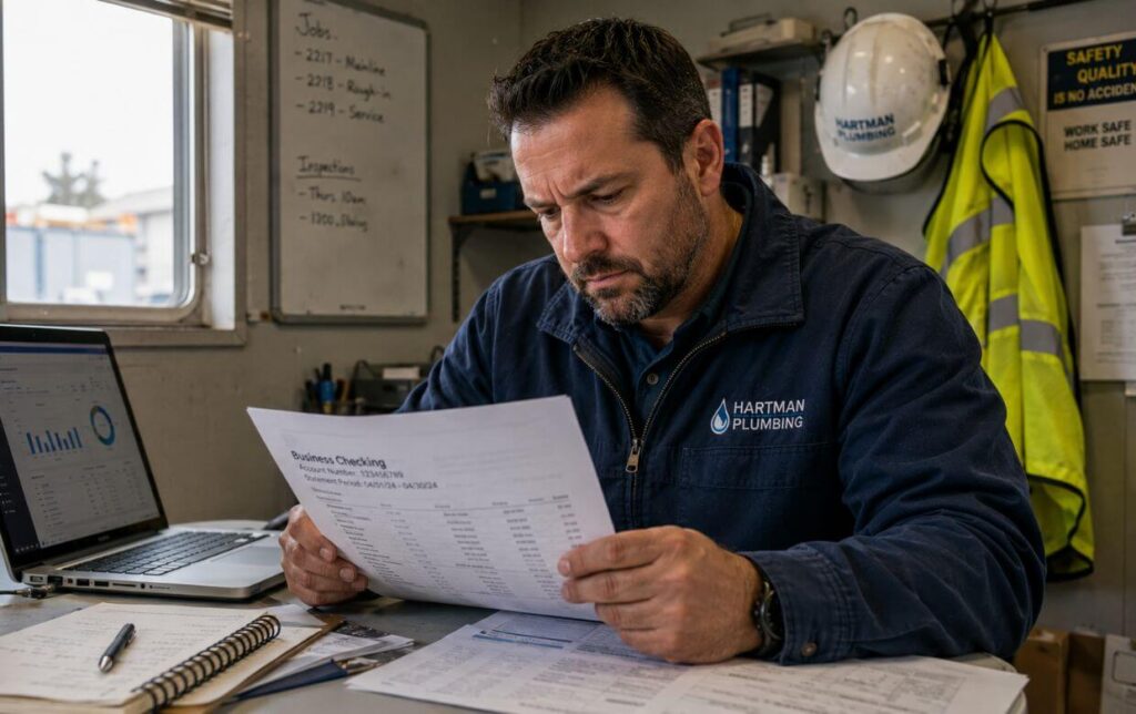 Plumbing Contractor Reviewing Documents Site Office plumbing business owner reviewing bank statements and contract documents at a portable site office