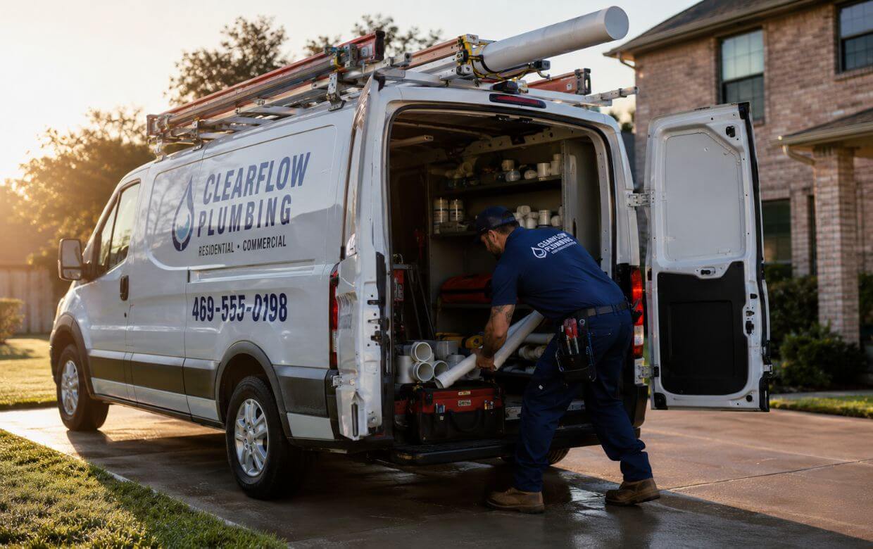 Plumbing contractor loading a service van at dawn before a residential dispatch