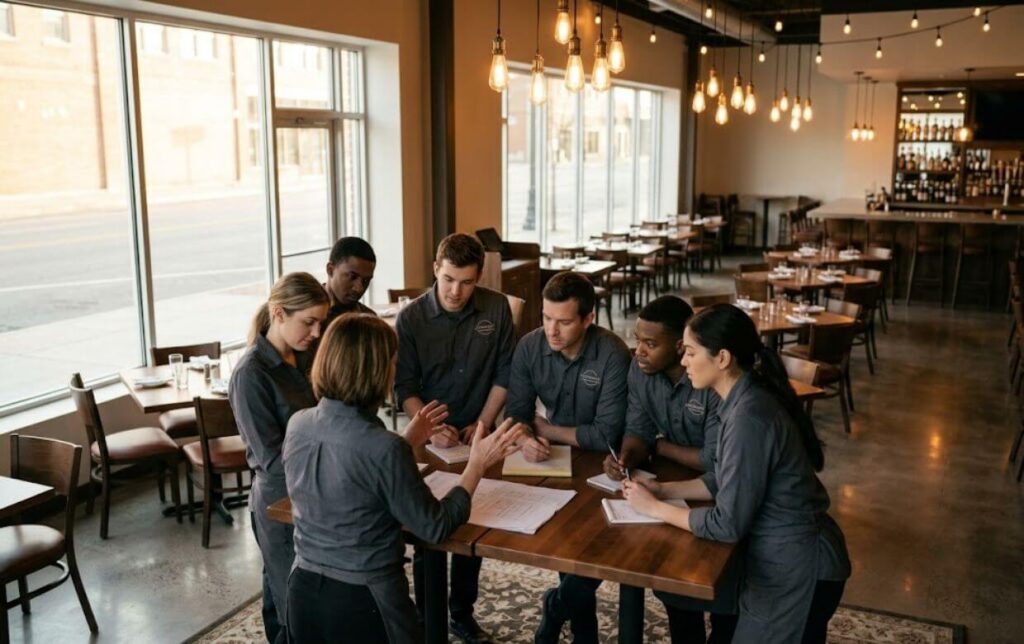 Restaurant Second Location Grand Opening Team newly hired restaurant staff during a training shift before a second location's opening