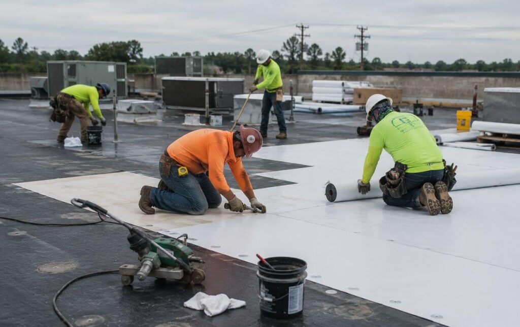 roofing crew working on a commercial flat roof replacement after storm damage