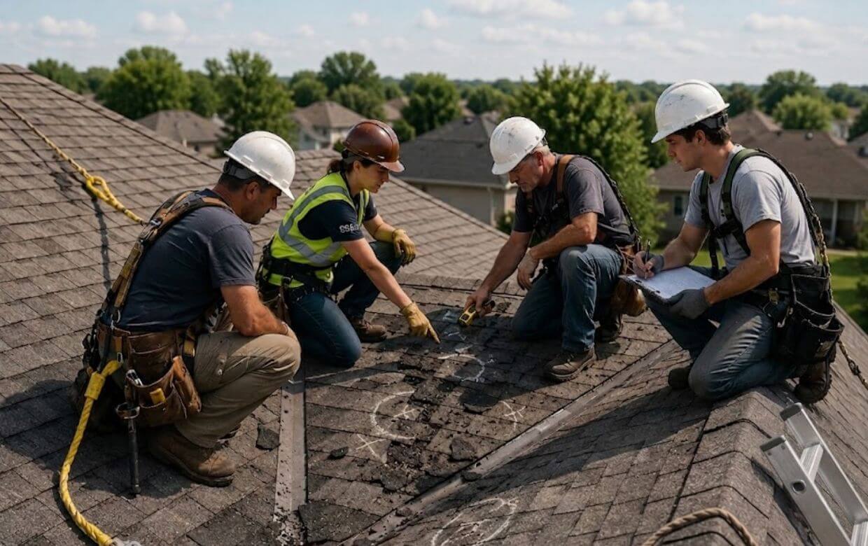 Roofing crew assessing storm damage on a residential roof